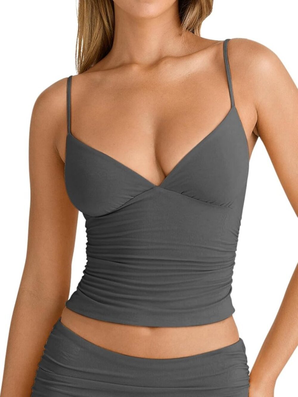 Womens Deep Grey V Neck Ruched Sleeveless Spaghetti Double Layer Fitted Tank Top